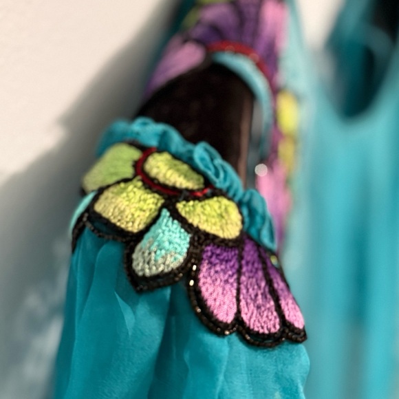 Alberta Ferretti Teal Lace & Embroidered Chiffon Dress — Size 2 / IT 38 - Picture 5 of 10